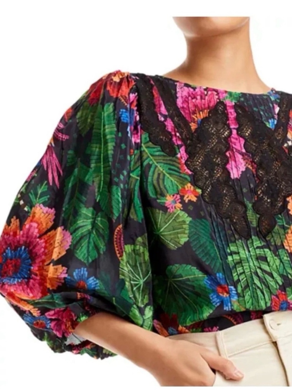 FARM Rio Blooming Garden Lace Trim Floral Blouse Women’s Medium